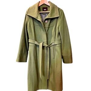 Mossimo Olive Wool-Blend Belted Coat with Satin Lining – Size L